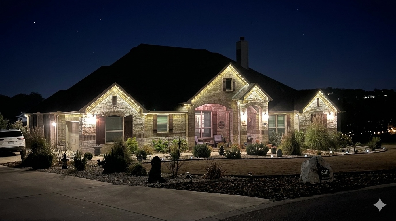 Texas Hill Country home at night with permanent warm-white Dazzl roofline lighting